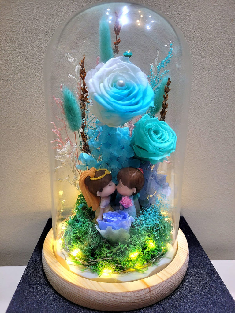 Eternal Couple V3 Preserved Flower Dome With Multi Blue Roses And Same Day Delivery