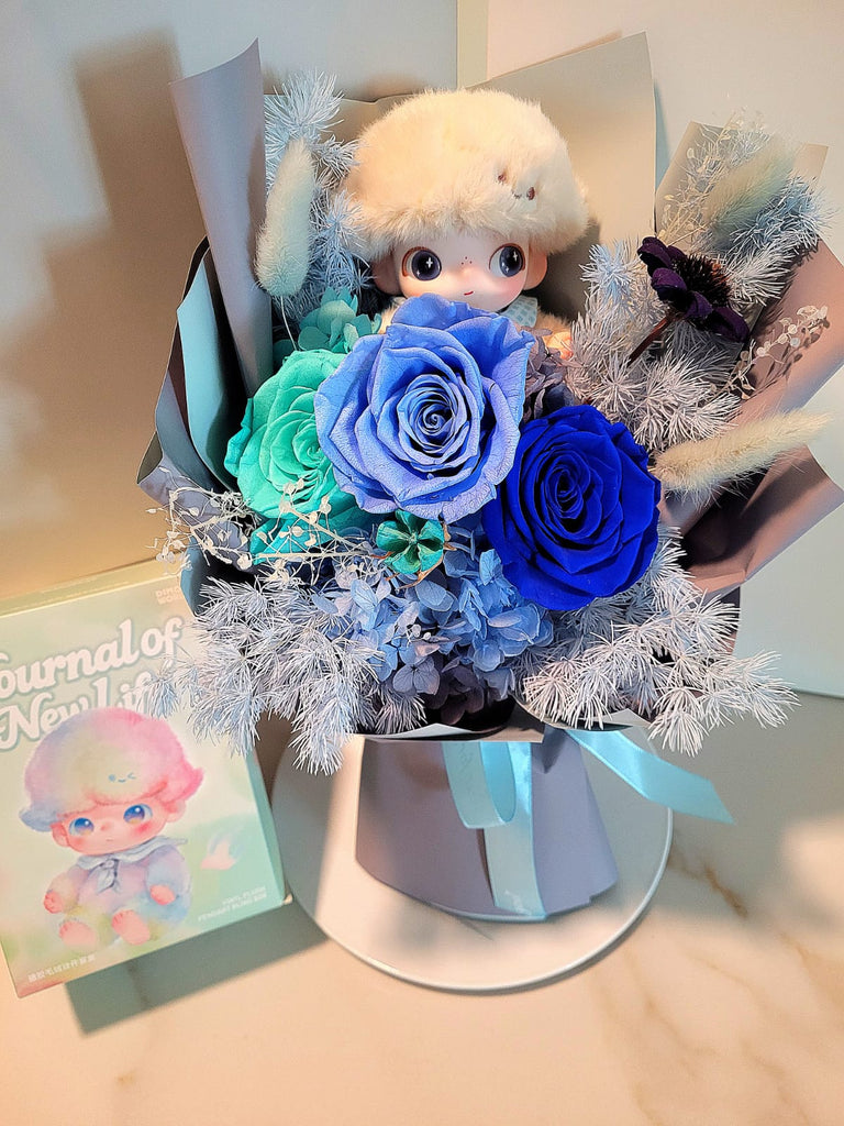 AUTHENTIC DIMOO Plush with Eternal Elegance Blue Preserved Roses Bouquet