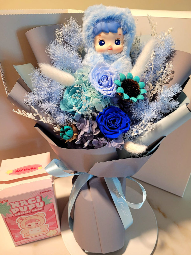 AUTHENTIC HACIPUPU Plush With Eternal Elegance Blue Preserved Roses Bouquet
