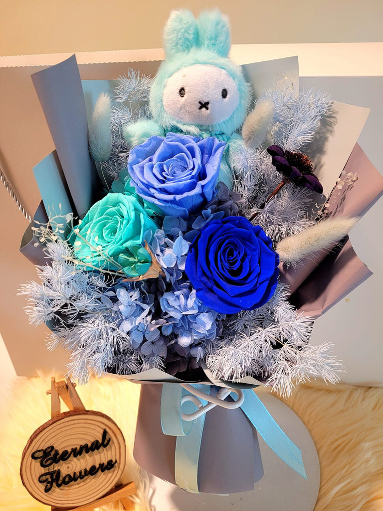 AUTHENTIC MIFFY Plush with Eternal Elegance Blue Preserved Roses Bouquet
