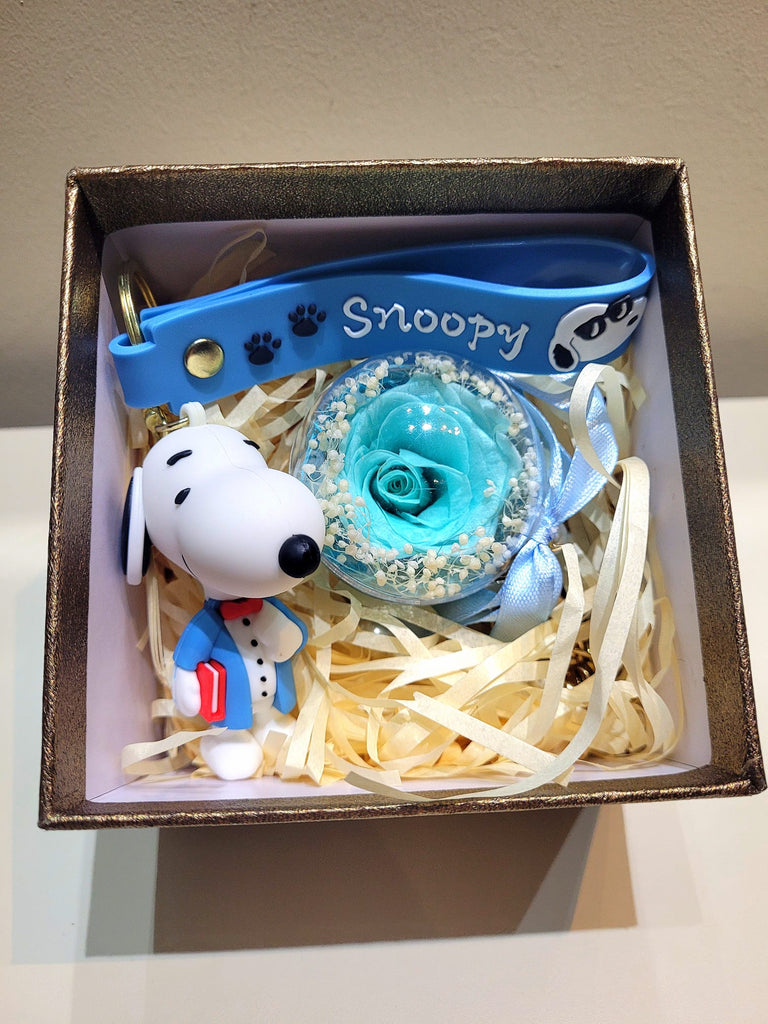 Blue Rose Preserved Flower Charm With Snoopy. Same Day Delivery.