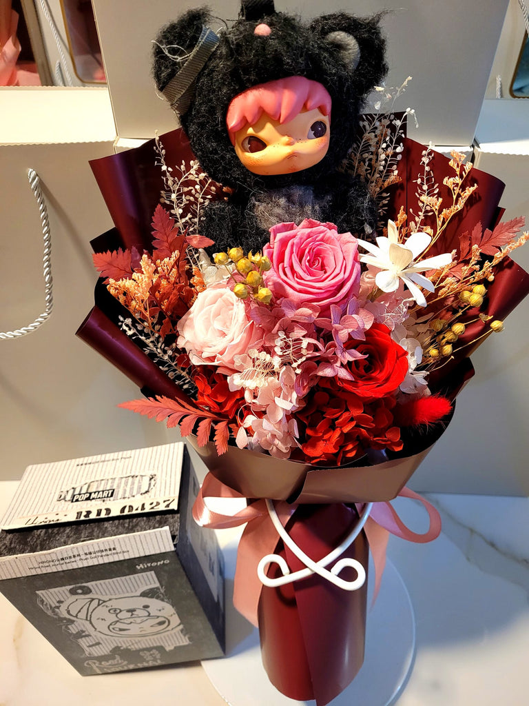 AUTHENTIC HIRONO Plush with Eternal Elegance Red Preserved Flowers Bouquet