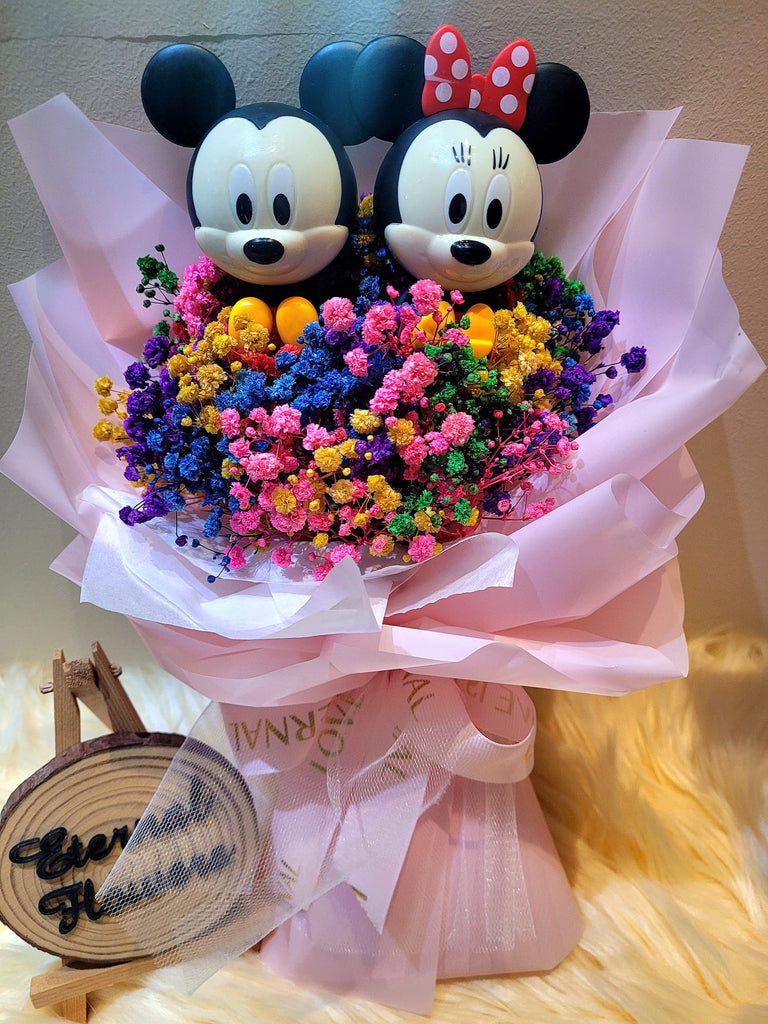 Eternal Couple Mickey and Minnie Mouse With Preserved Baby's Breath Bouquet.