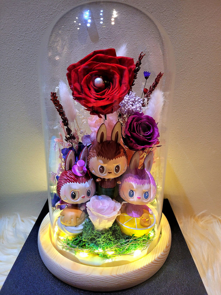 3 Premium Popmart Labubu Preserved Flower Dome With Red Roses And Same Day Delivery.