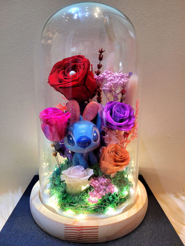 5 Roses Miniso Stitch Preserved Flower Dome (Red Theme)