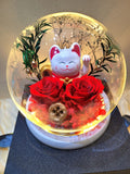 Lucky Cat With Red Roses Personalised LED Preserved Flowers Dome. 100% High Quality Real Flowers. (Comes with a premium gift box)