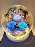 Lucky Cat With Blue Roses Personalised LED Preserved Flowers Dome. 100% High Quality Real Flowers. (Comes with a premium gift box)