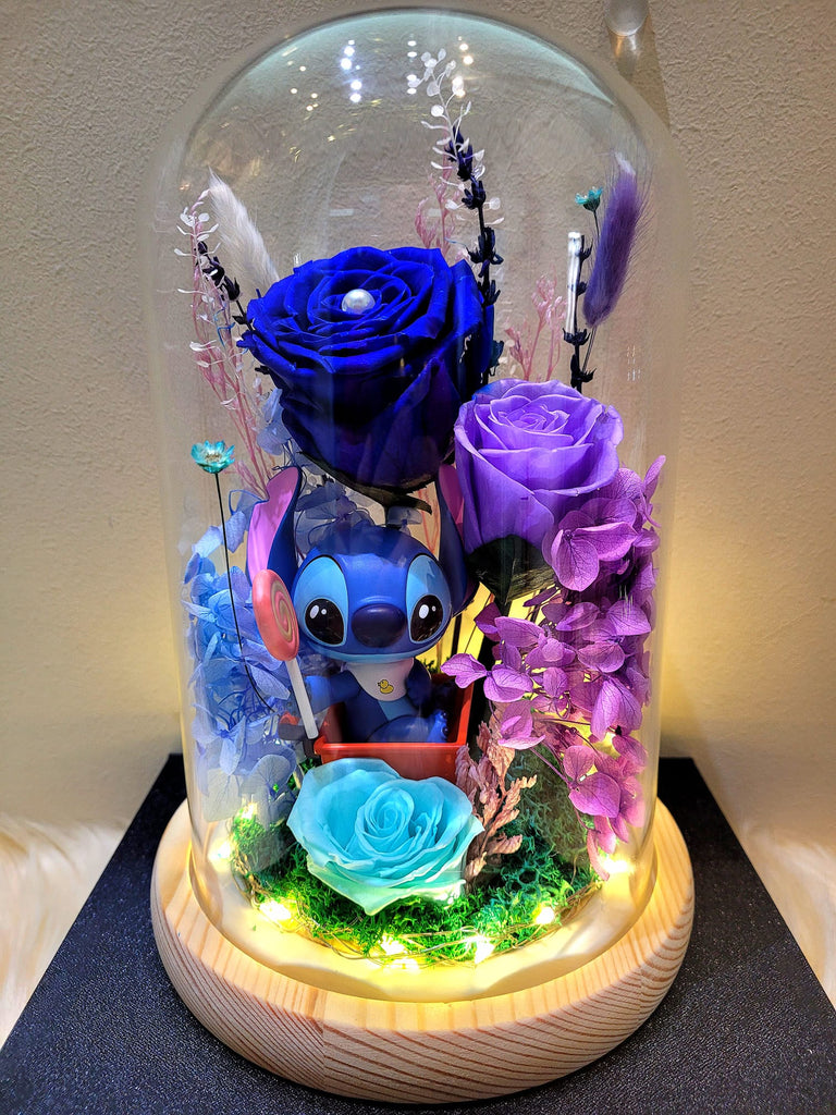 Premium Popmart Stitch Preserved Flower Dome With Dark Blue Roses And Same Day Delivery