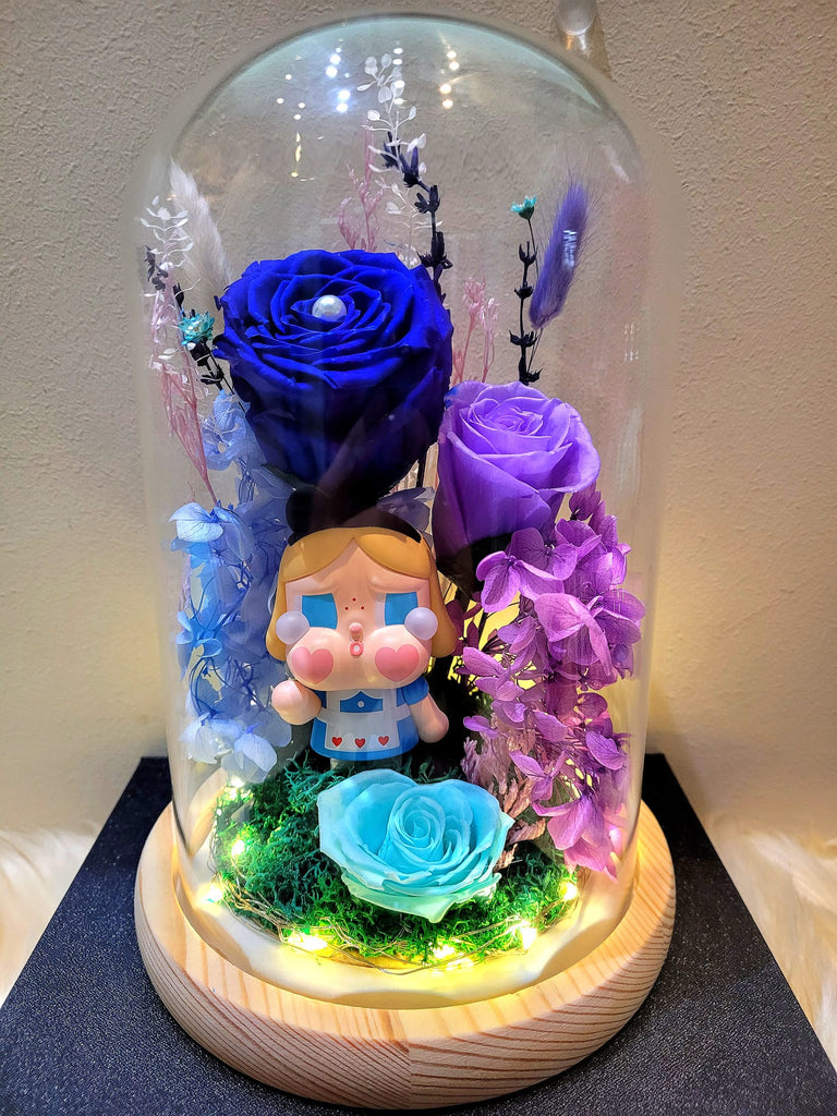 Premium Popmart Crybaby Preserved Flower Dome With Dark Blue Roses And Same Day Delivery.