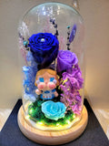 Premium Popmart Crybaby Preserved Flower Dome With Dark Blue Roses And Same Day Delivery.