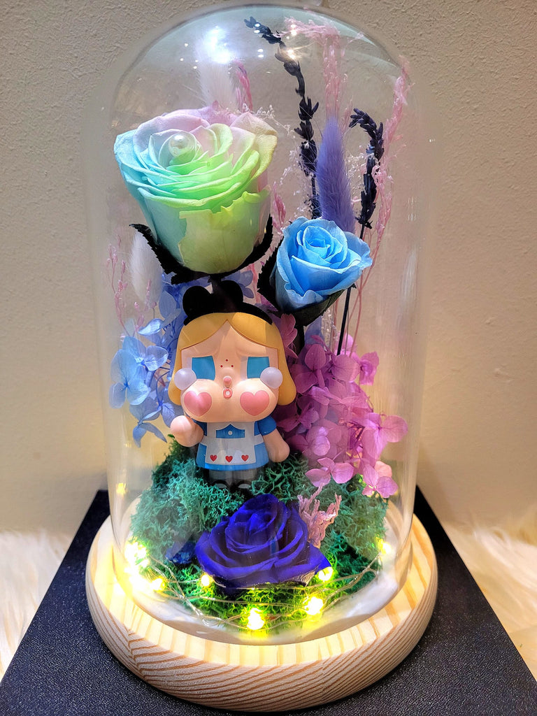 Premium Popmart Crybaby Preserved Flower Dome With Pastel Rainbow Roses And Same Day Delivery.
