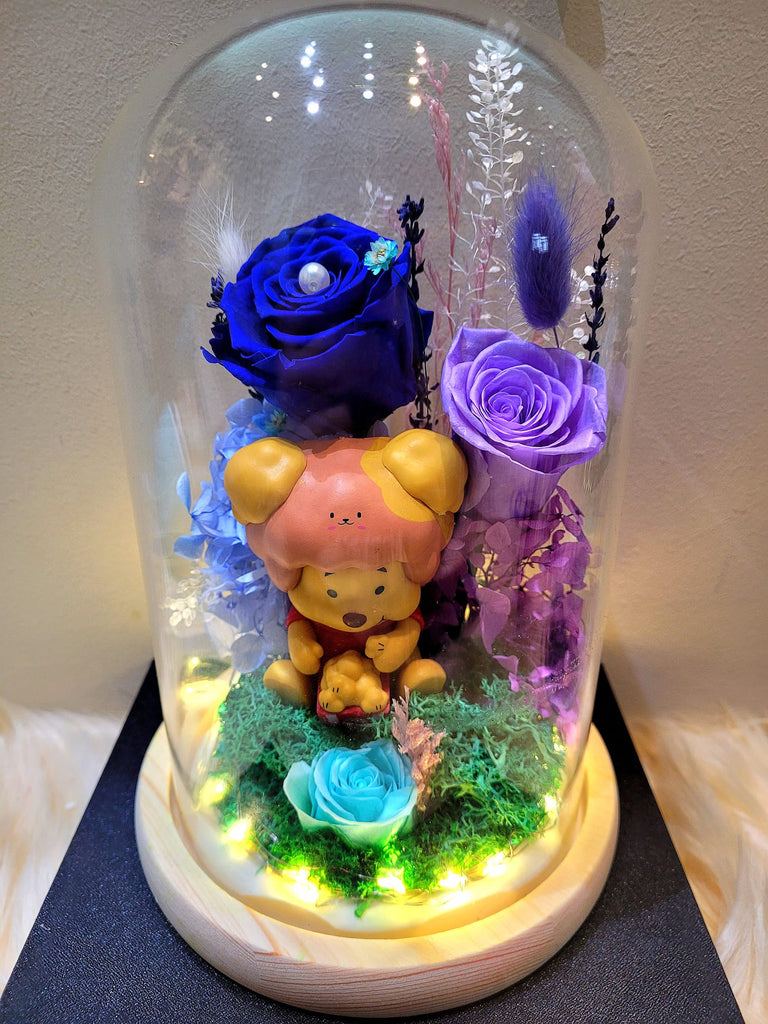 Winnie The Pooh Preserved Flower Dome With Dark Blue Roses And Same Day Delivery