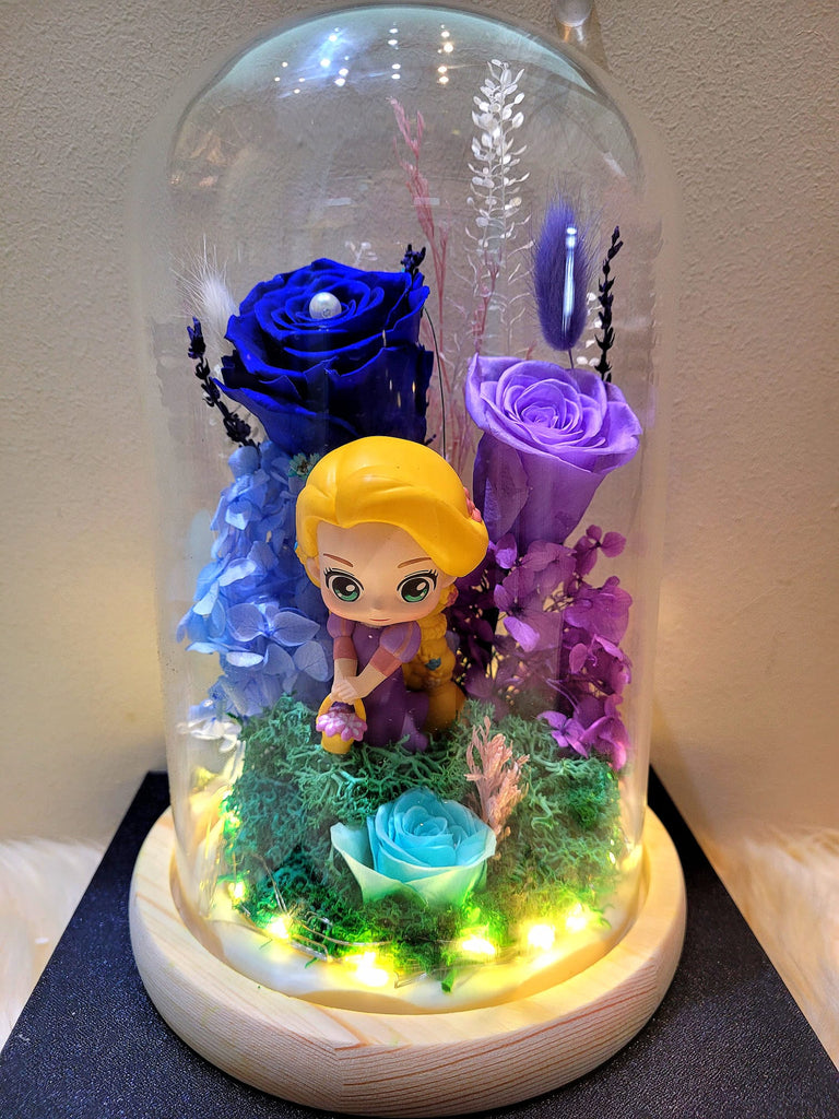 Princess Rapunzel Preserved Flower Dome With Dark Blue Roses And Same Day Delivery