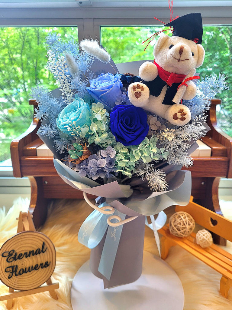 Graduation Bouquet: Eternal Elegance Blue Preserved Roses With Teddy Bear v2