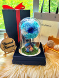 Premium Eternal Couple Hydrangea Tree With Preserved Roses in Glass Dome (With option to add a personalised photo or choose your own figurines)