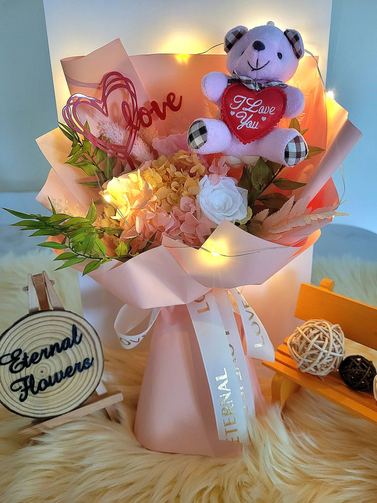 Valentine Special. Eternal Elegance Peach White Pink Preserved Roses Bouquet With I Love You Bear