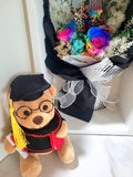 Graduation Bouquet: Rainbow Preserved Roses Bouquet With Classy Black Wrapper And Teddy Bear