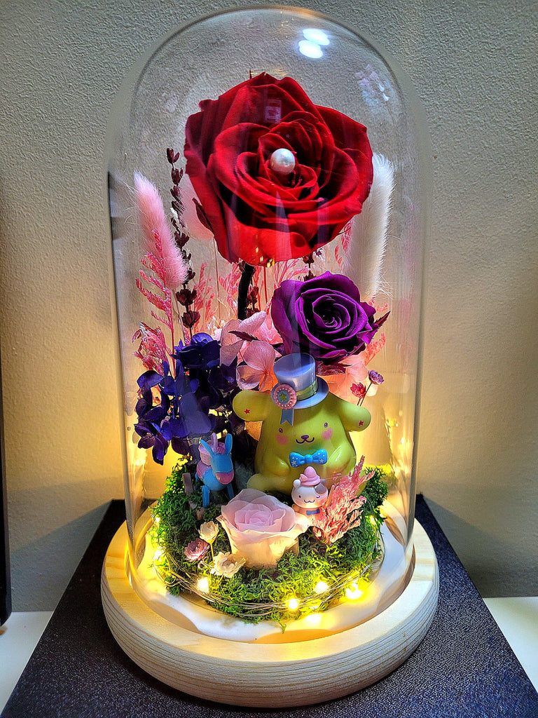 Pompompurin Preserved Flower Dome With Red Roses And Same Day Delivery