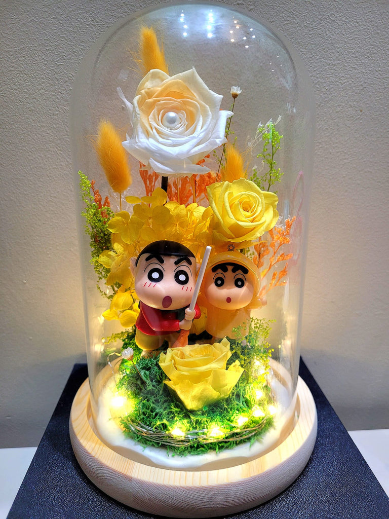 Premium Crayon Shin-Chan Preserved Flower Dome With Yellow Roses And Same Day Delivery