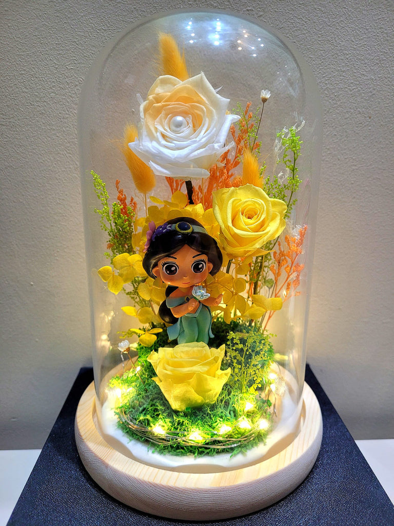 Princess Jasmine Preserved Flower Dome With Yellow Roses And Same Day Delivery