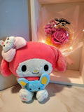 Acrylic Ball Preserved Pink Rose Flowers Bouquet With My Melody Plush