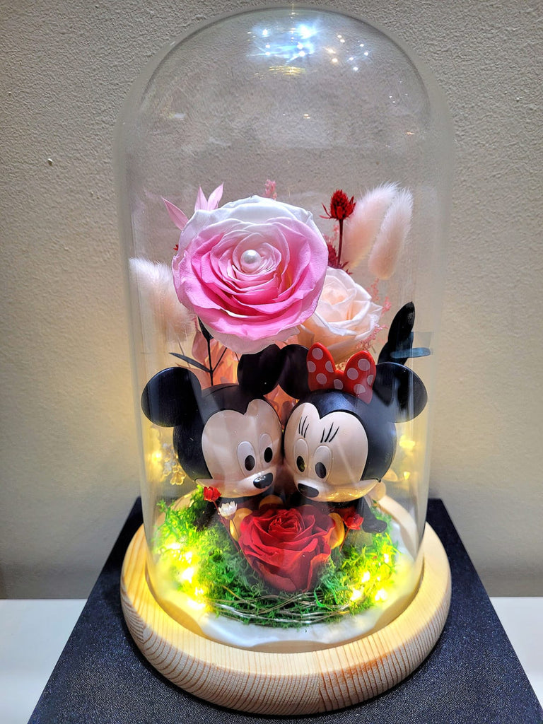 Eternal Couple Mickey & Minnie Mouse Pink Rose Preserved Flower Dome With Same Day Delivery