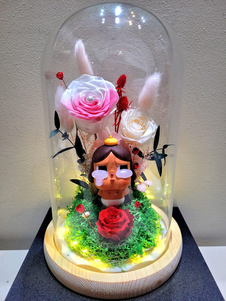 Premium Popmart Crybaby Preserved Flower Dome With Pink Roses And Same Day Delivery.