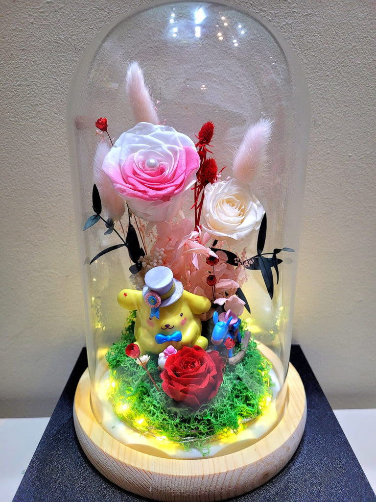 Pompompurin Preserved Flower Dome With Pink Roses And Same Day Delivery