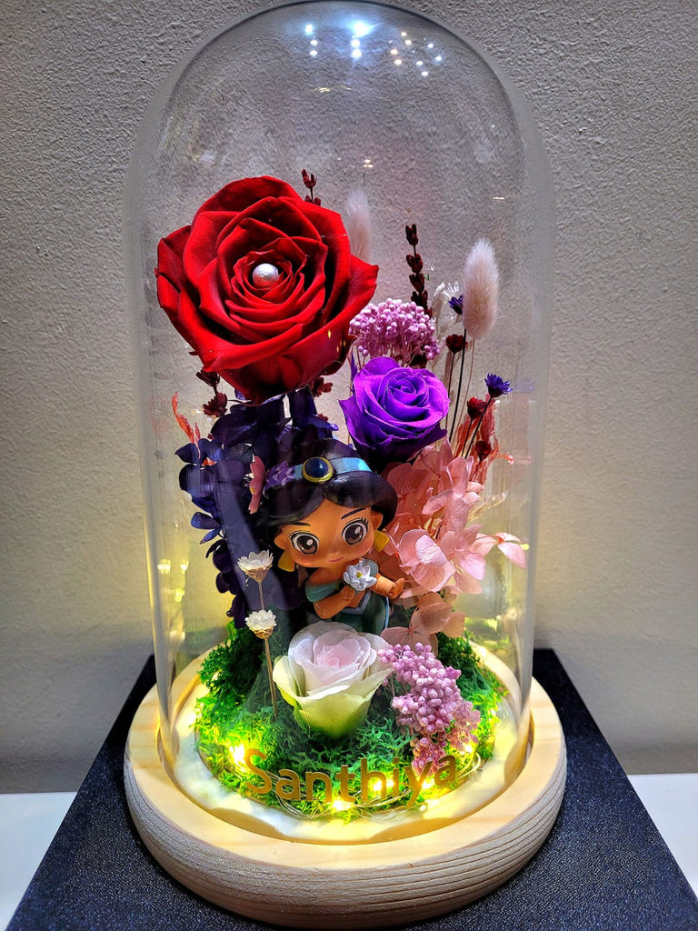 Princess Jasmine Preserved Flower Dome With Red Roses And Same Day Delivery