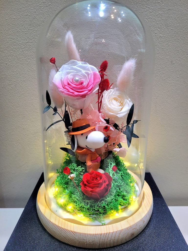 Snoopy Preserved Flower Dome With Pink Roses And Same Day Delivery