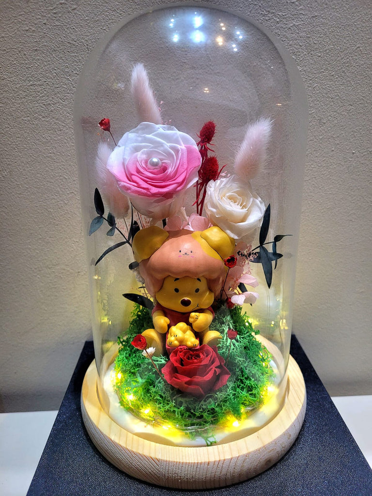 Winnie The Pooh Preserved Flower Dome With Pink Roses And Same Day Delivery