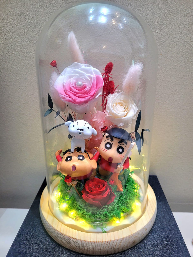 Premium Crayon Shin-Chan Preserved Flower Dome With Pink Roses And Same Day Delivery