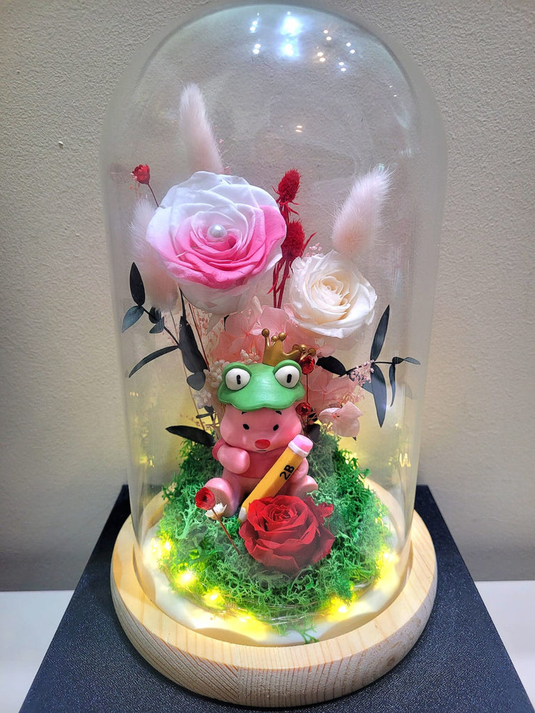Winnie The Pooh Preserved Flower Dome With Pink Roses And Same Day Delivery v5