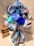 Eternal Elegance Blue Preserved Roses Bouquet With Stitch Plush Toy. Same Day Delivery.