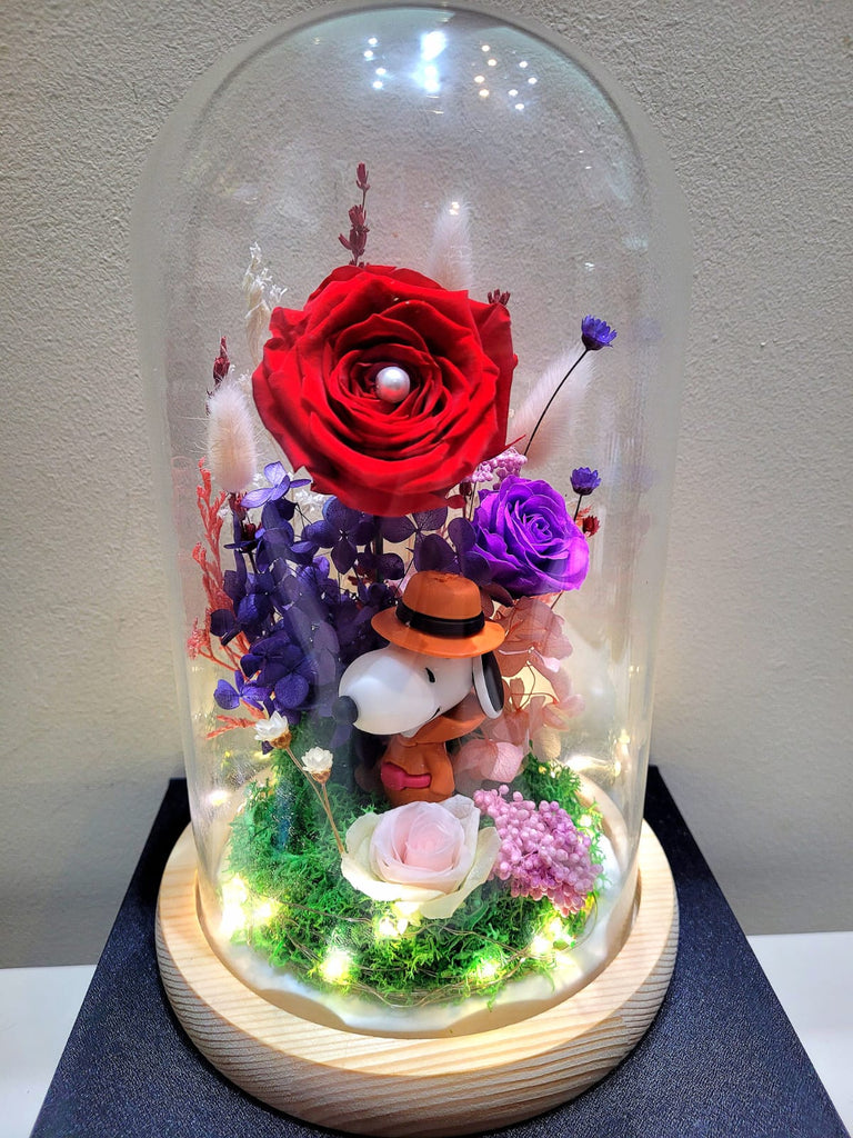 Snoopy Preserved Flower Dome With Red Roses And Same Day Delivery