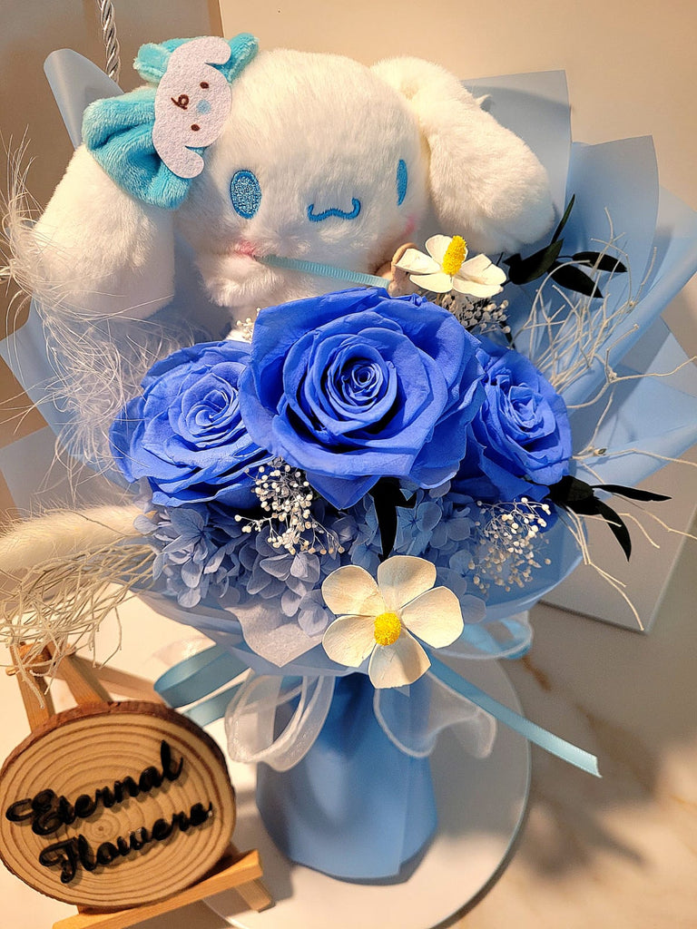Timeless Romance Blue Preserved Roses Bouquet With Cinnamoroll Plush Toy. Same Day Delivery.