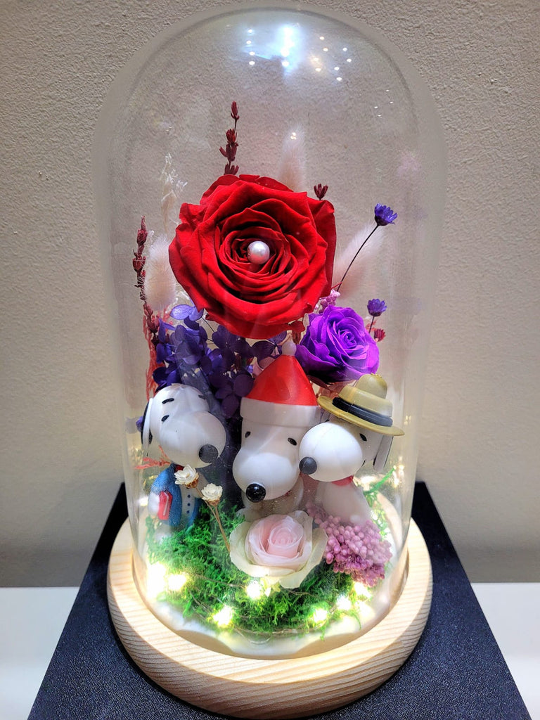 Premium Snoopy Preserved Flower Dome With Red Roses And Same Day Delivery