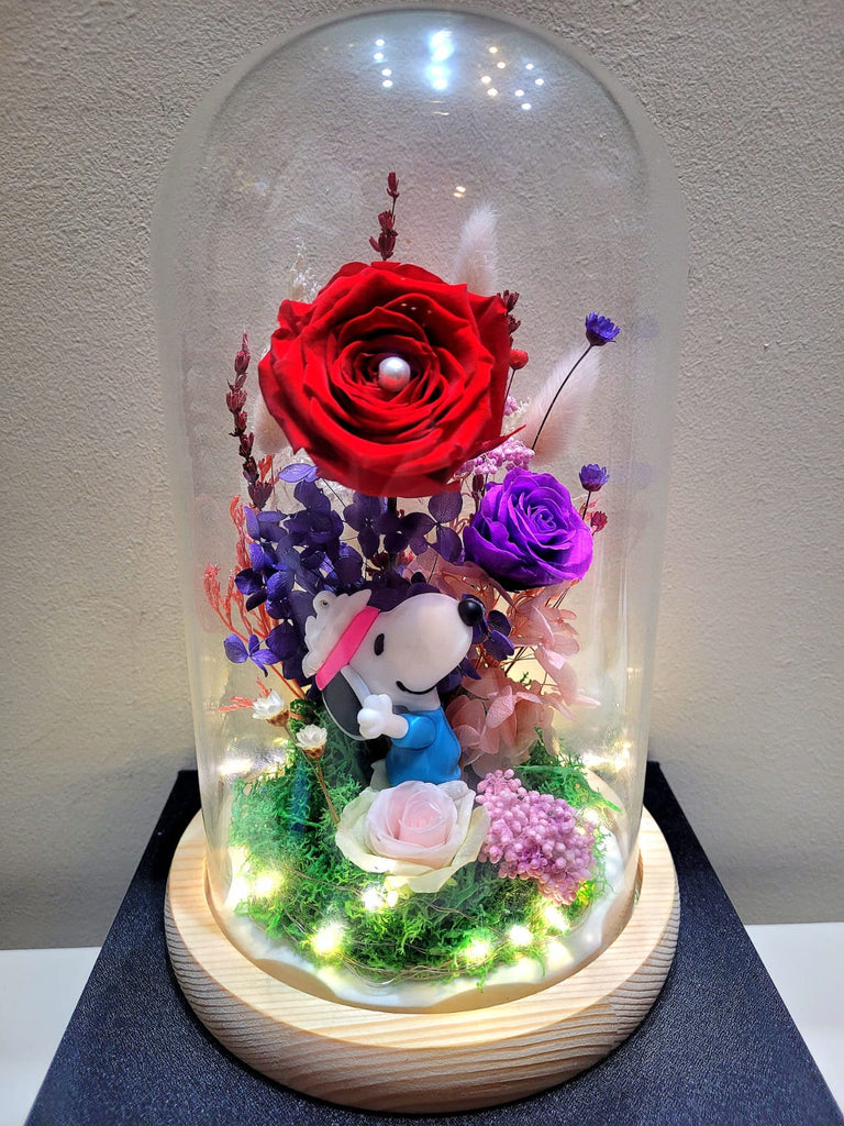 Snoopy Preserved Flower Dome With Red Roses And Same Day Delivery v2