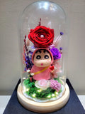 Large Pink Crayon Shin-Chan Figurine Preserved Flower Dome With Red Roses And Same Day Delivery