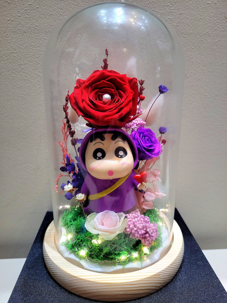 Limited Edition Large Purple Crayon Shin-Chan Figurine Preserved Flower Dome With Red Roses And Same Day Delivery