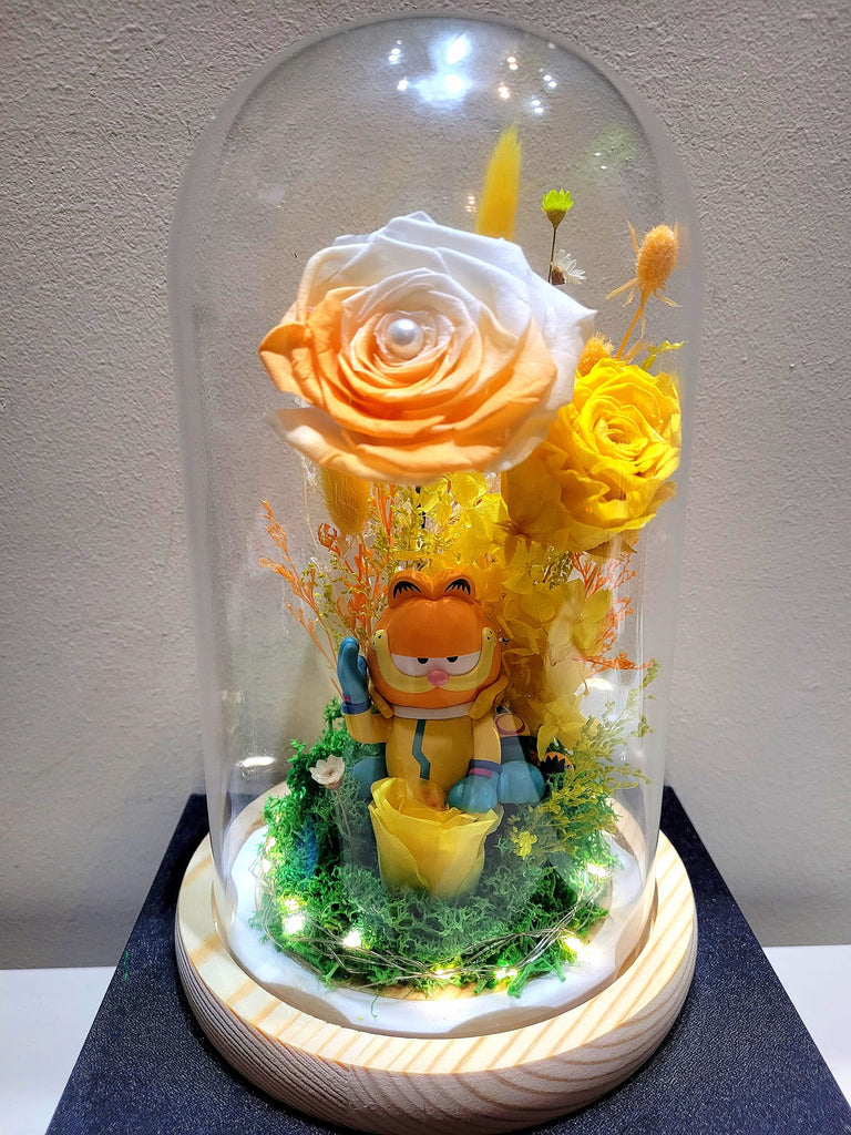 Premium Popmart Garfield Preserved Flower Dome With Yellow Roses And Same Day Delivery