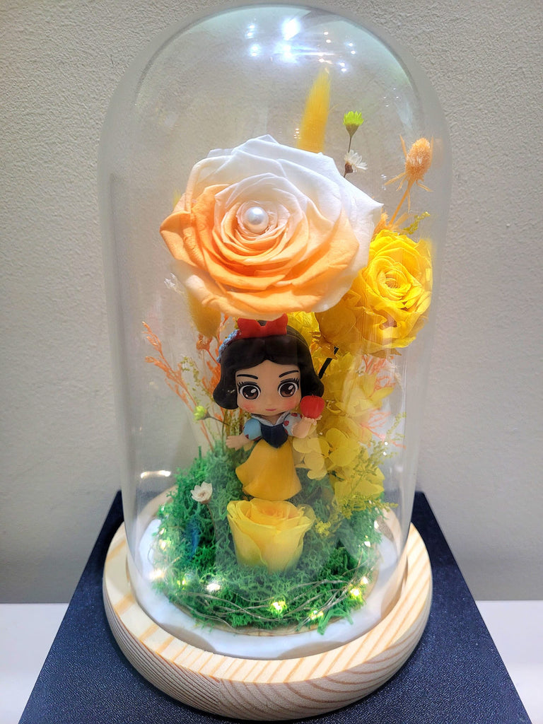 Princess Snow White Preserved Flower Dome With Yellow Roses And Same Day Delivery