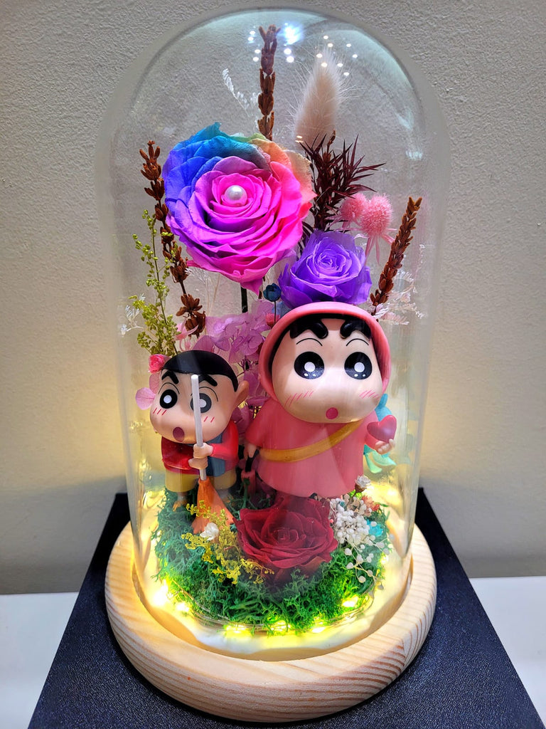 Premium Preserved Flower Dome With Rainbow Roses & 2 Crayon Shin-Chan Figurines