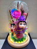 Premium Preserved Flower Dome With Rainbow Roses & 2 Crayon Shin-Chan Figurines