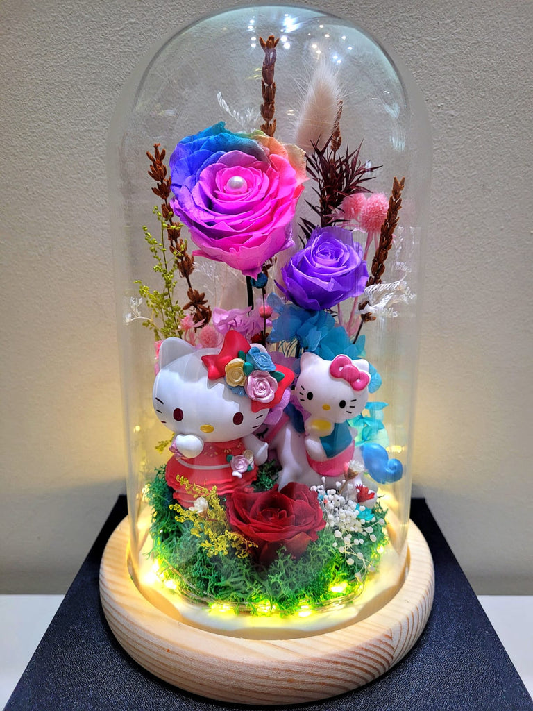 Premium Hello Kitty Preserved Flower Dome With Rainbow Roses And Same Day Delivery