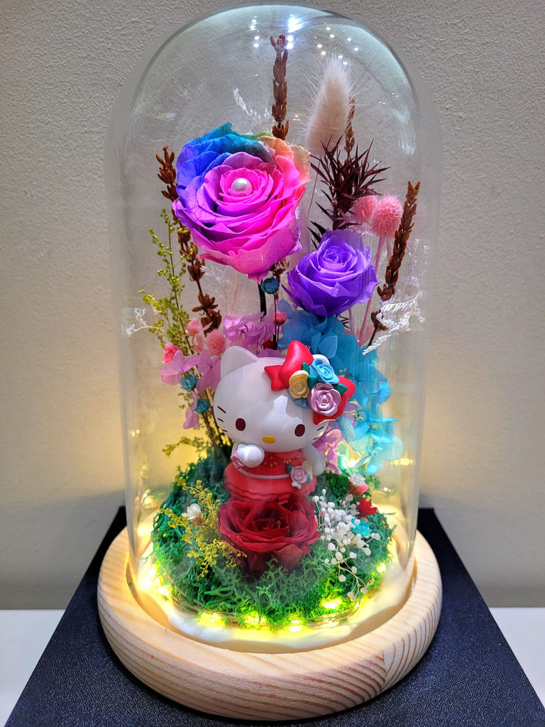 Hello Kitty Preserved Flower Dome With Rainbow Roses And Same Day Delivery