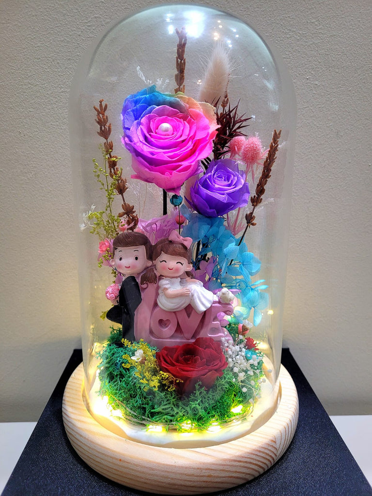 Eternal Couple V1 Preserved Flower Dome With Rainbow Roses And Same Day Delivery