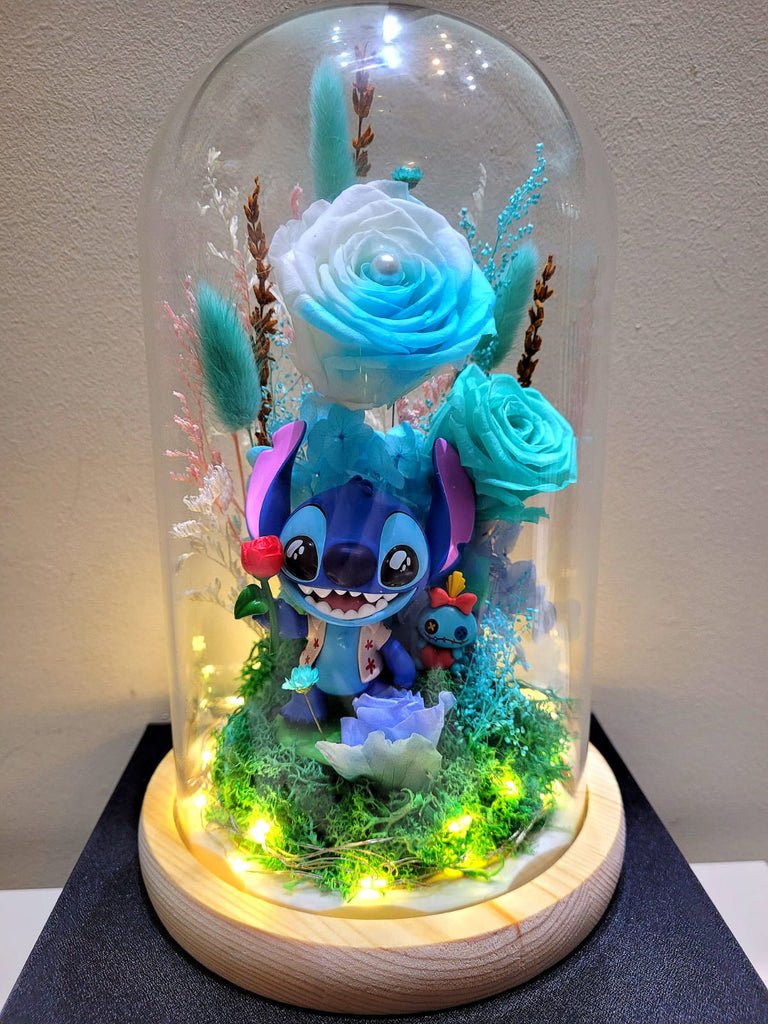 Premium Popmart Stitch Preserved Flower Dome With Multi Blue Roses And Same Day Delivery
