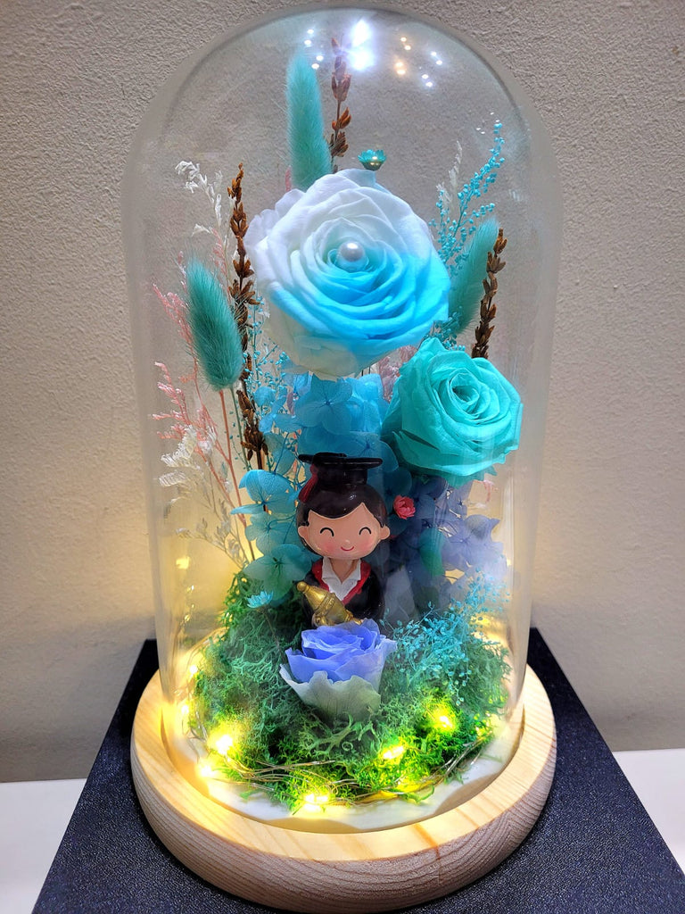Male Graduate Preserved Flower Dome With Multi-Blue Roses And Same Day Delivery