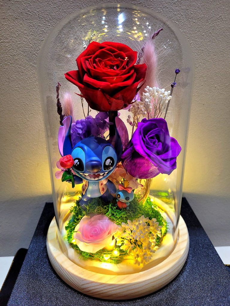 Premium Popmart Stitch Preserved Flower Dome With Red Roses And Same Day Delivery